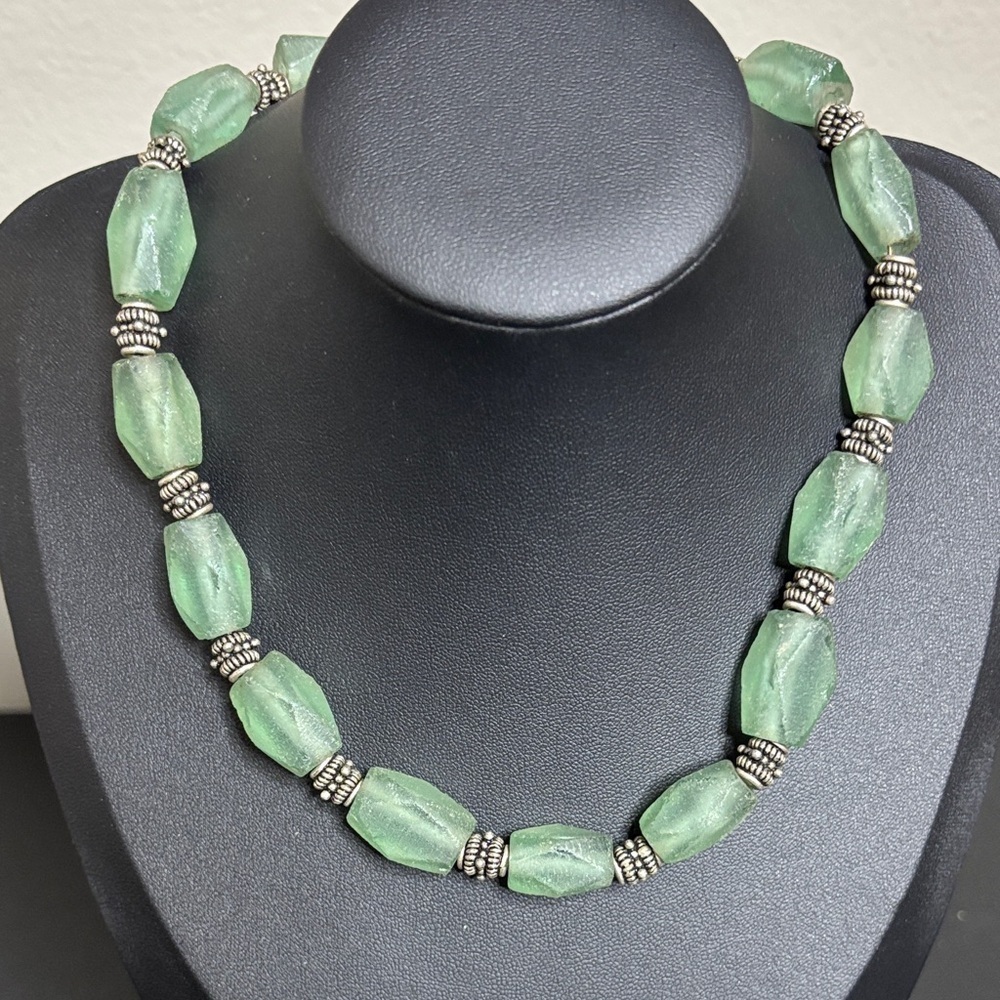 Green Sea Glass Beaded Vintage Silver Tone Necklace
